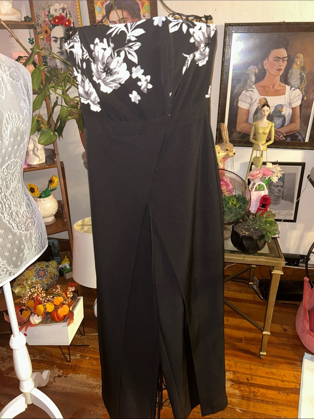 White House Black Market Black Strapless Jumpsuit with White Floral Bodice